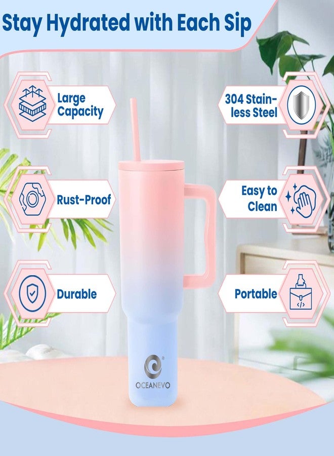 OCEANEVO 1200 ML Stainless Steel Tumbler with Lid and 3 Straws, Double Insulated Cup with Handle for Hot and Cold, 100% Leakproof Mug for Office, Gym and Travel - Pink and Blue - Image 3